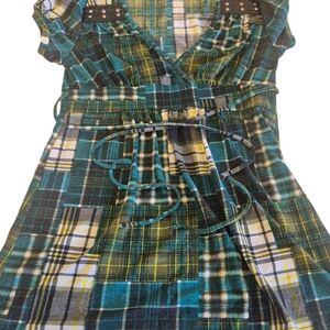 Weavers Plaid Shirt in Teal, Yellow and Black Babydoll Y2k Juniors Large